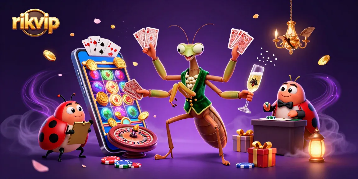 Rikvip game players enjoy a dynamic casino scene with colorful slots and card games.