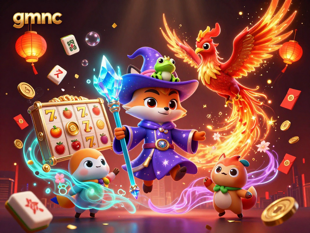 Engage in GMNC with a vibrant 3D illustration of a wizard fox and phoenix amidst casino elements.
