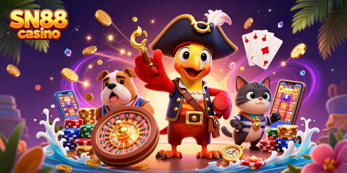 Experience thrilling gameplay with SN88 casino, featuring vibrant characters and exciting gambling elements.