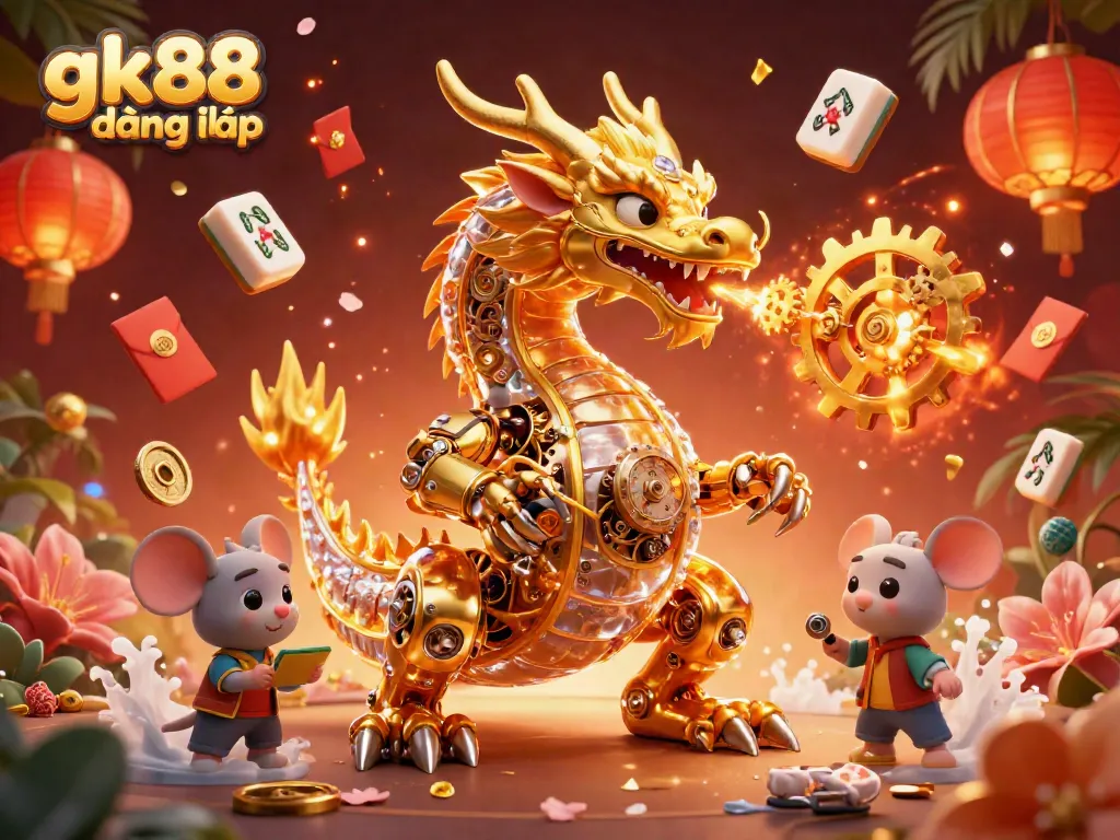 Engage with exciting gaming action at GK88 đăng nhập featuring a dynamic 3D illustration of a golden dragon.