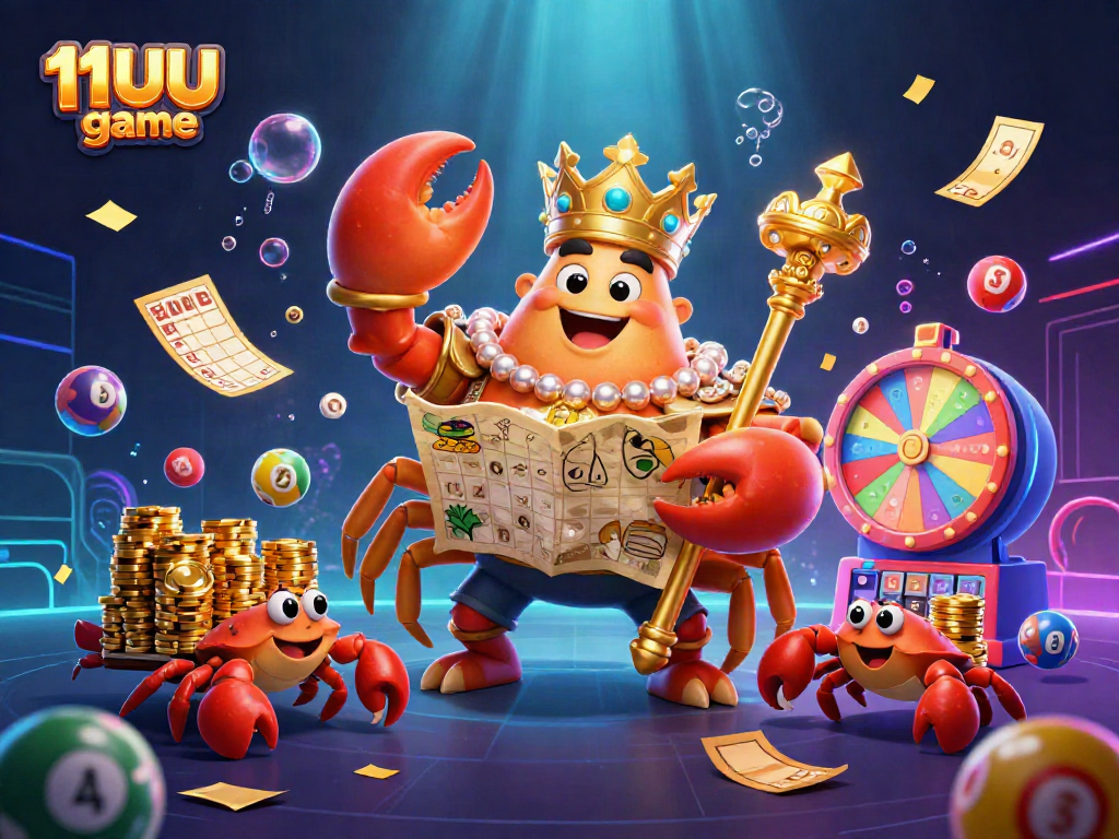 Engage in the 11UU game with a colorful, vibrant casino-themed illustration showcasing a golden crab emperor amidst lottery and gaming elements.
