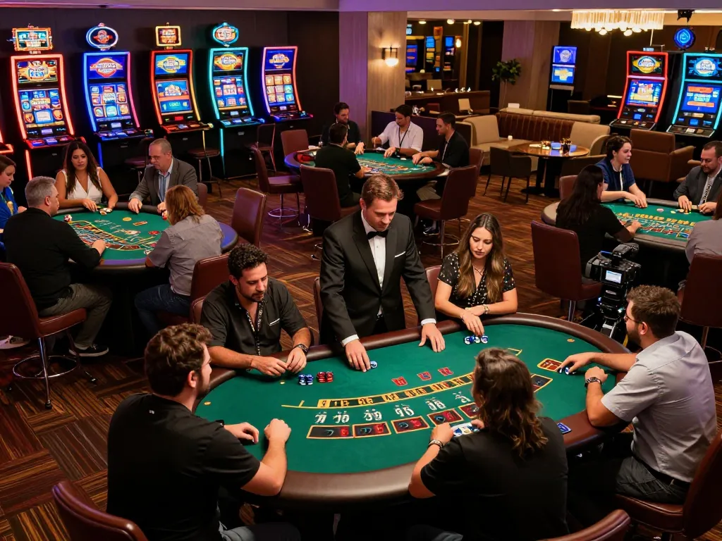 Players enjoying blackjack and table games at 22ff casino floor, vibrant atmosphere and engaging gameplay.