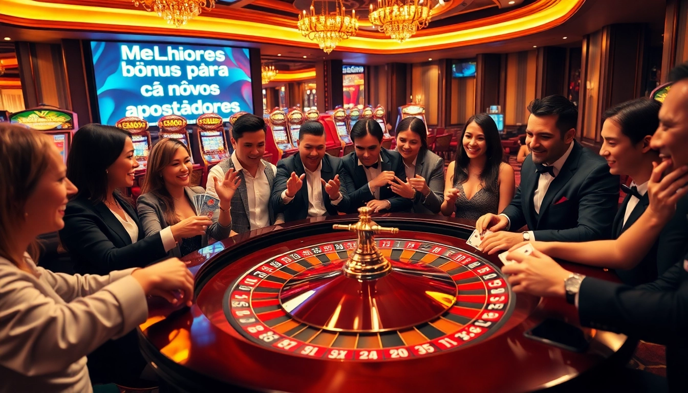 Cena empolgante de cassino destacando melhores bônus para novos apostadores com jogadores à mesa de roleta.