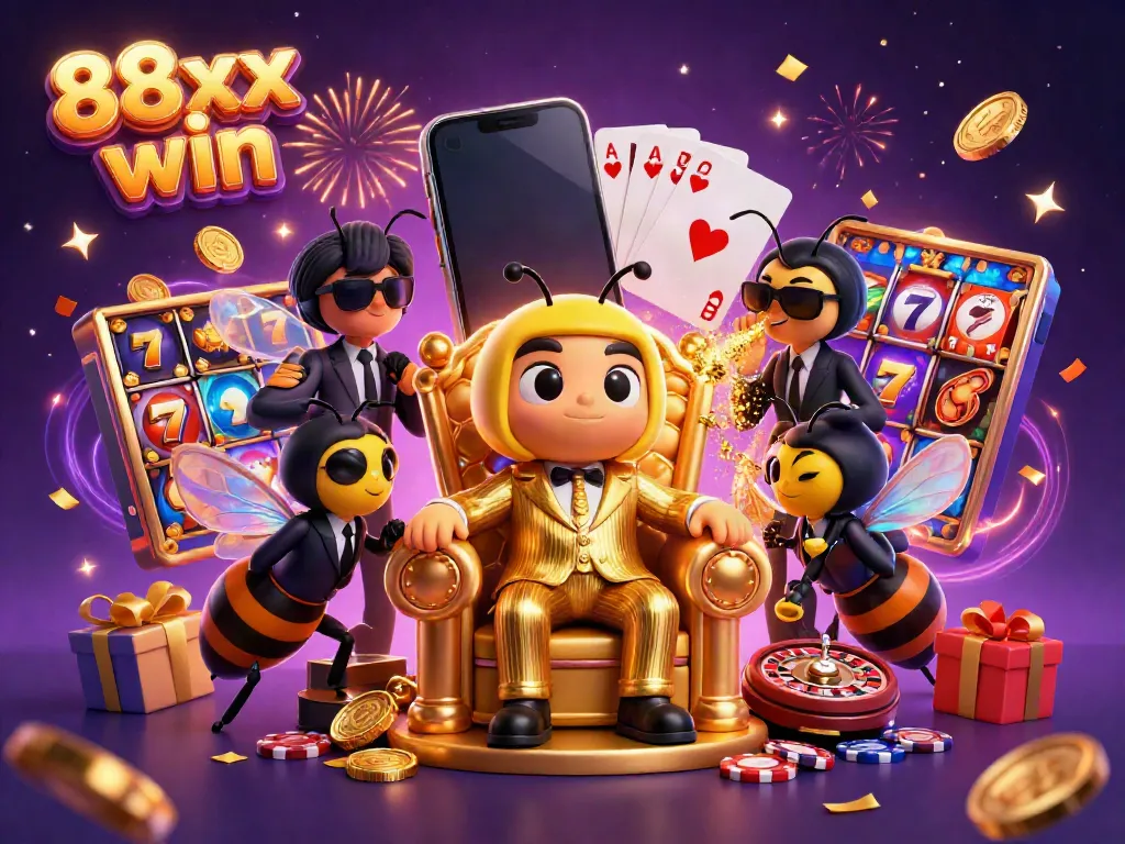 Experience the fun of 88xx win with a thrilling scene of slot games and animated characters celebrating in a vibrant casino atmosphere.