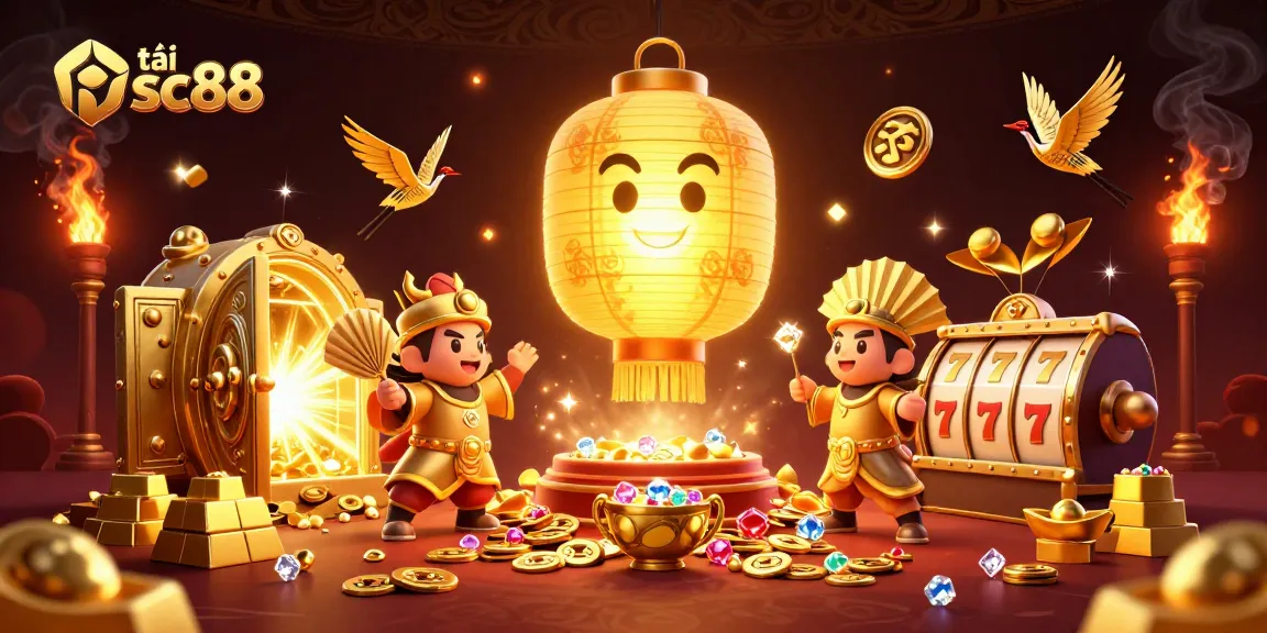 Engage in thrilling adventures with tải sc88, featuring vibrant 3D casino spirits amidst treasures and lucky symbols.