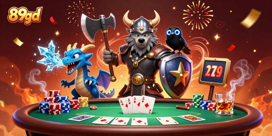 Experience high-stakes excitement with 89bd featuring a Viking wolf warrior and poker elements.