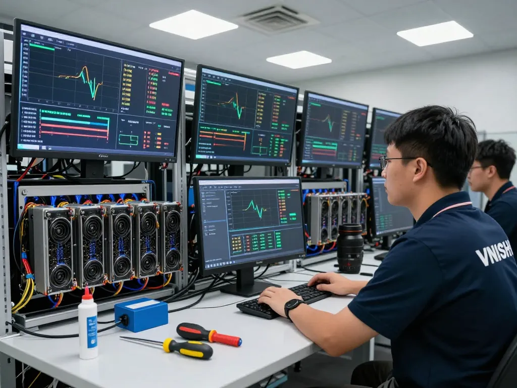 Otimize suas operações de mineração com a tecnologia VNISH, mostrando uma instalação de mineração de criptomoedas de alta tecnologia.