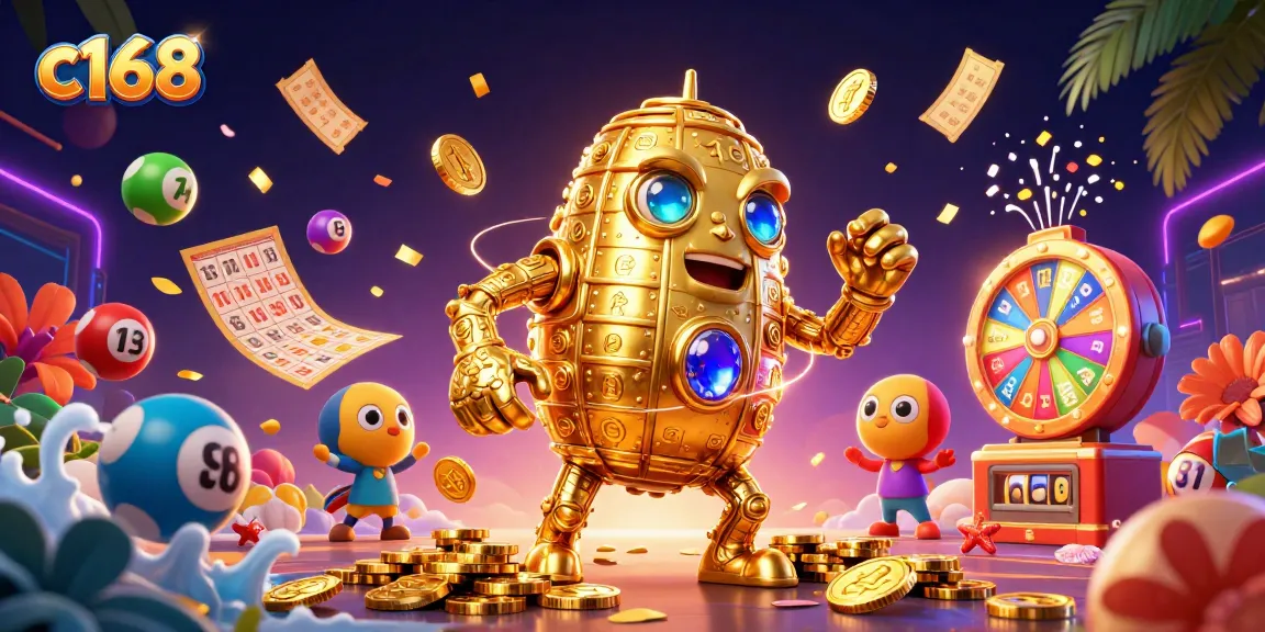 C168 brings excitement to players with a dynamic scene featuring a golden golem surrounded by colorful lottery elements.