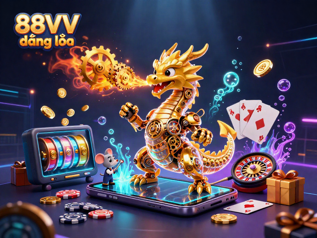88VV đăng nhập scene showcasing a golden dragon and mouse engineer amidst vibrant gambling elements.