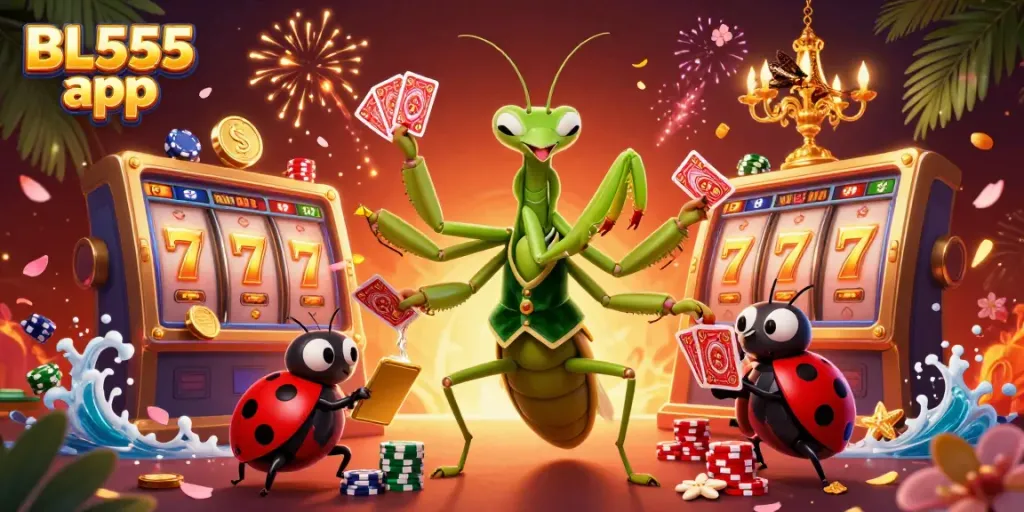 Experience the thrilling BL555 app with a vibrant casino scene featuring a card sharp and pit boss.