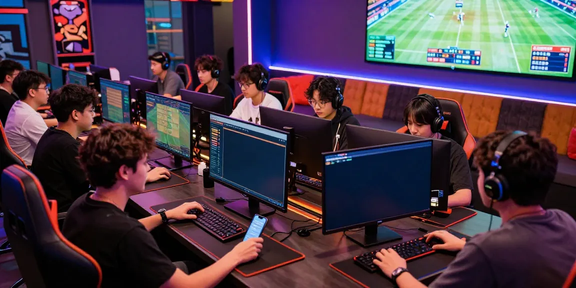 Enthusiastic players at https://fc88v1.com/ placing online bets in a vibrant gaming lounge.