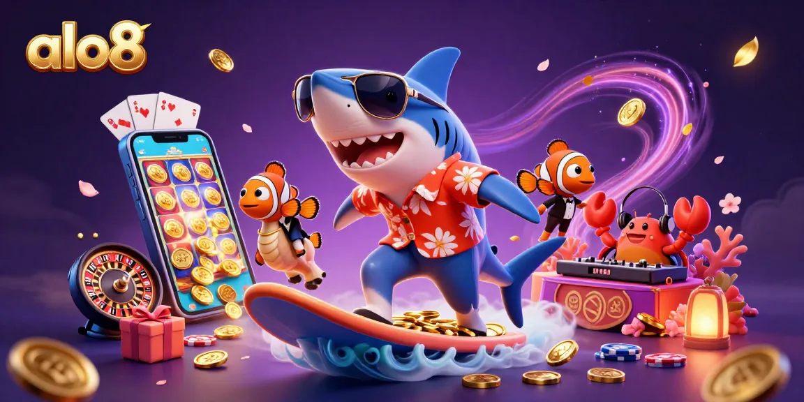 Catch the excitement of alo8 with a vibrant 3D illustration showcasing a shark surfing on gold coins amidst casino elements.