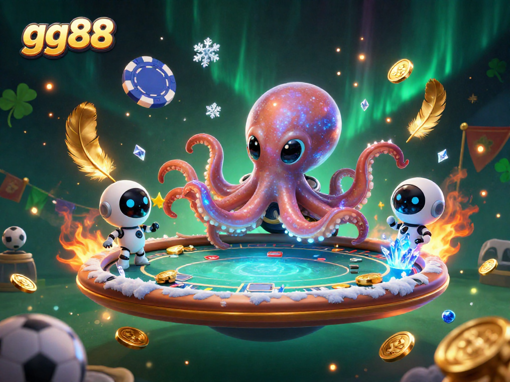 Bet on gg88's thrilling games with a cartoon alien octopus at a holographic poker table.