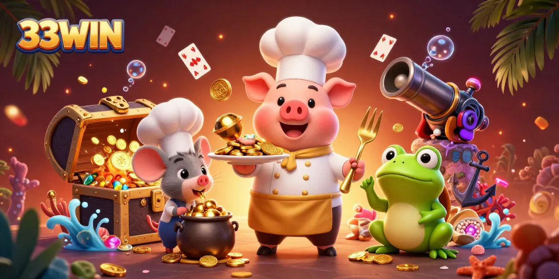 Experience the excitement of 33WIN with a cartoon chef pig serving gold coins in a lively casino scene.