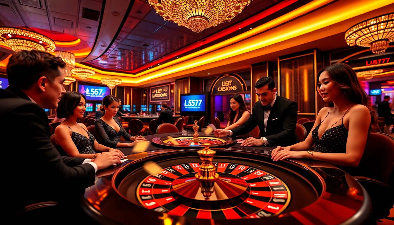 L567 players enjoying a high-stakes poker game in a vibrant casino, showcasing luxury and excitement.