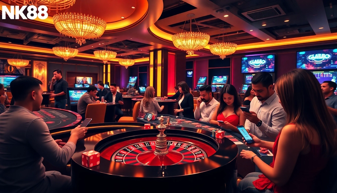 Players enjoying their time with NK88 online casino, featuring poker chips and a roulette wheel.