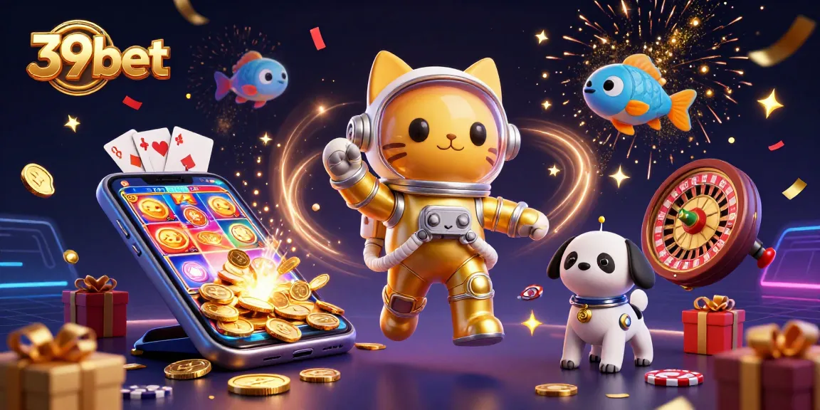 Experience thrilling gameplay on 39bet with a vibrant scene of slots, coins, and cosmic characters.