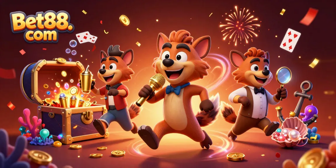 Experience the vibrant atmosphere at Bet88. com's comedy casino with engaging hyena characters amidst casino-themed treasures.