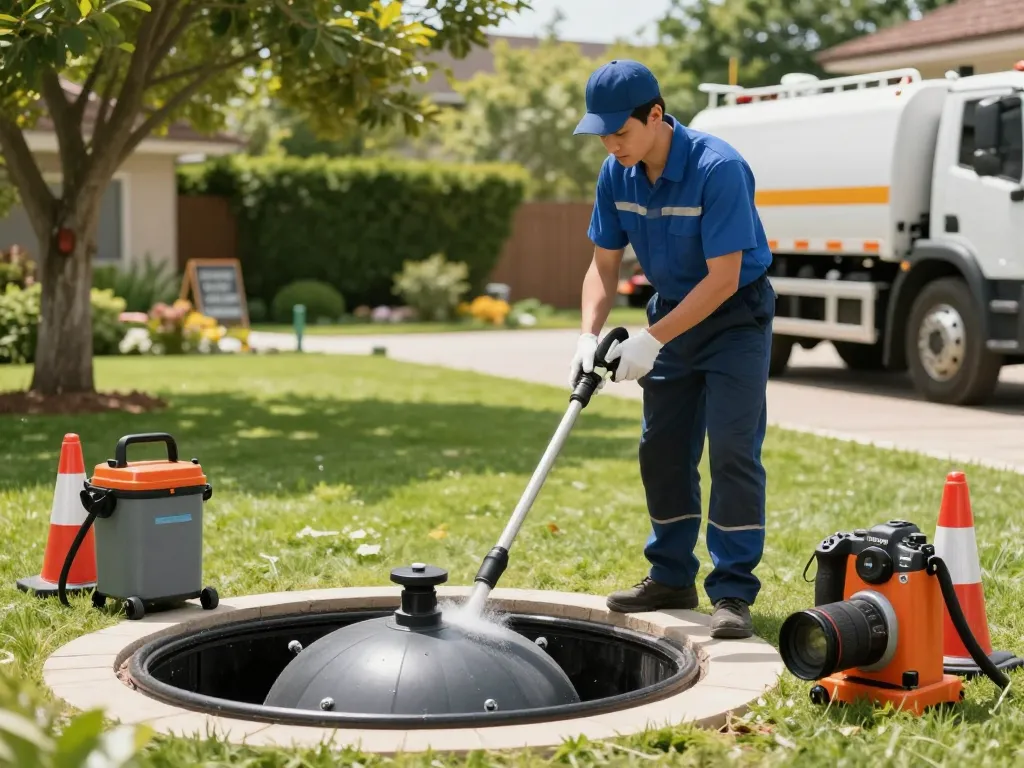 Limpa fossa em São Paulo with a professional technician inspecting a septic tank and modern cleaning equipment in a clean, green environment.