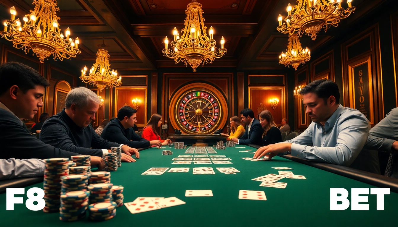 Players engaged in an intense poker game at F8 BET casino, showcasing excitement and strategy.
