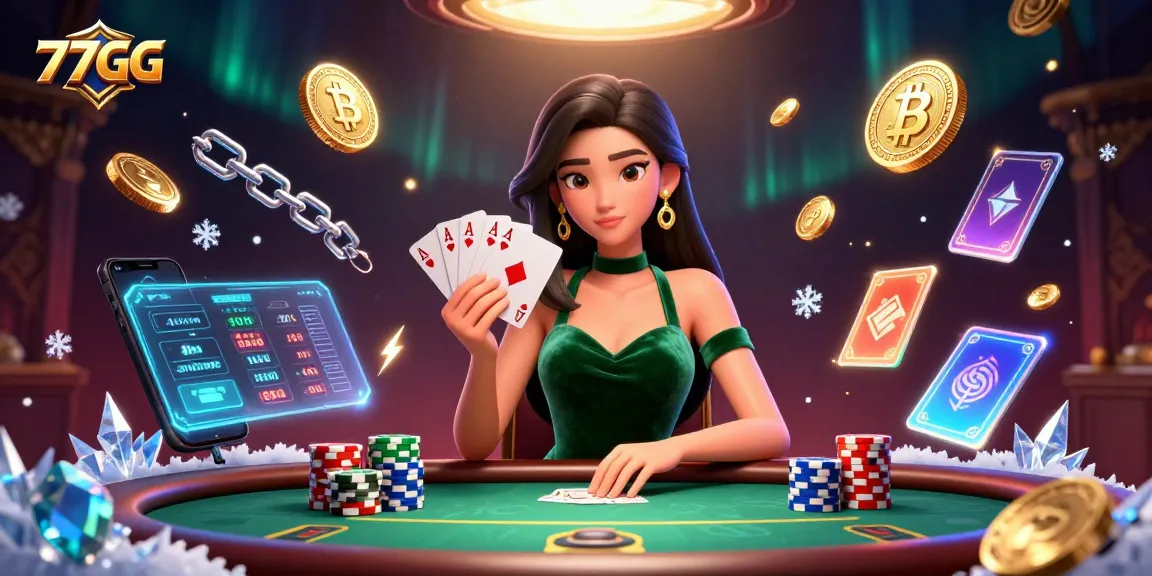 Experience 77GG with a stunning casino scene showcasing poker excitement and advanced crypto elements.