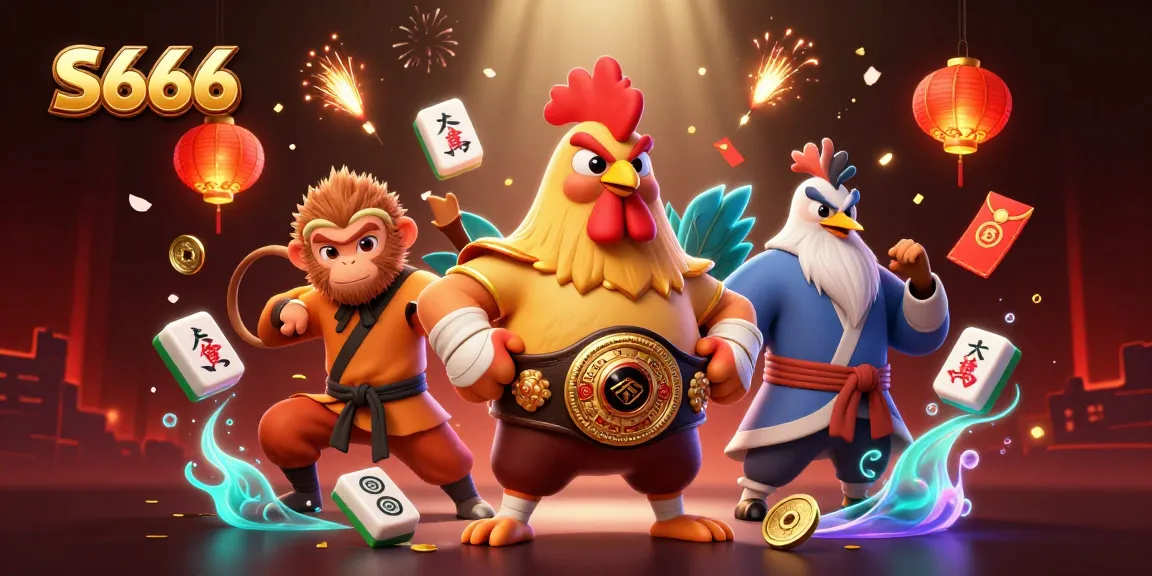 S666 highlights a fierce rooster, a Shaolin monkey, and a wise crane in a vibrant casino scene.