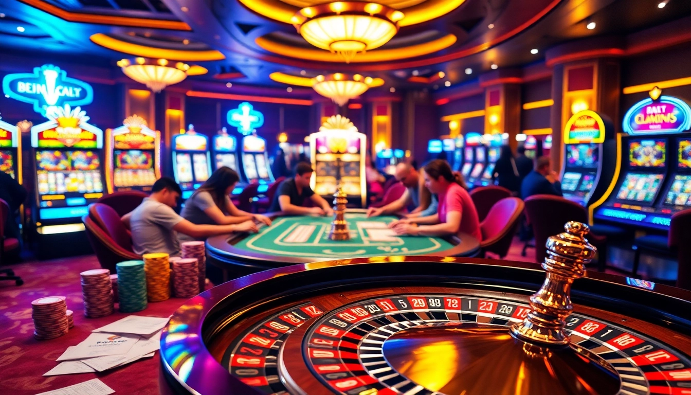 Alo789 poker game scene showcasing intense players and vibrant casino elements.