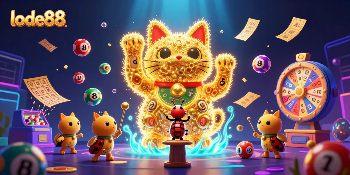 Experience excitement with the lode88 lucky cat illustration, showcasing vibrant lottery elements.