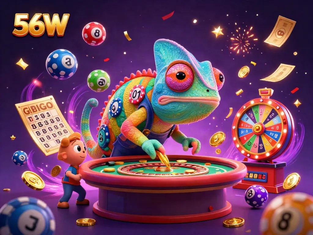 Engage with 56W's dynamic casino world featuring a chameleon owner and vibrant lottery elements.