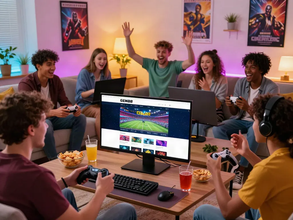 Engaging online gaming experience with friends enjoying GEM88 platform at home.