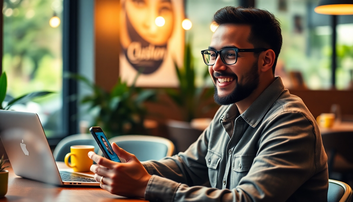 Engaged user chatting with Crushon AI app in a cozy café environment.