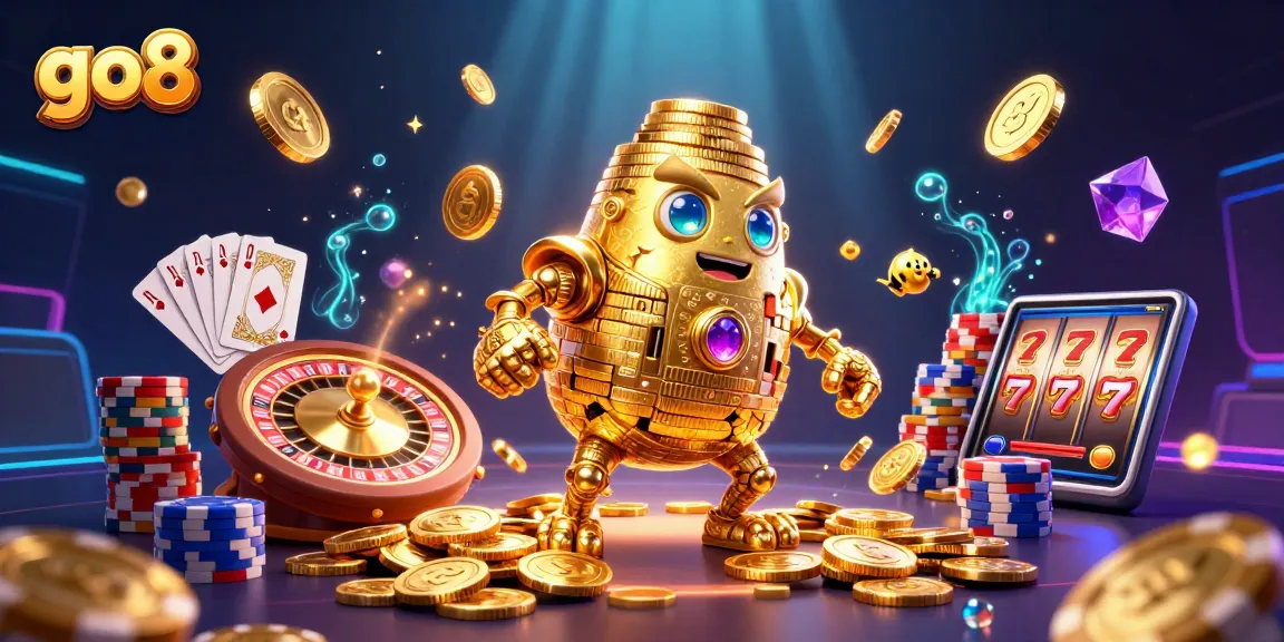 Experience the excitement of go8 casino with a golden golem, coins, and vibrant game elements.