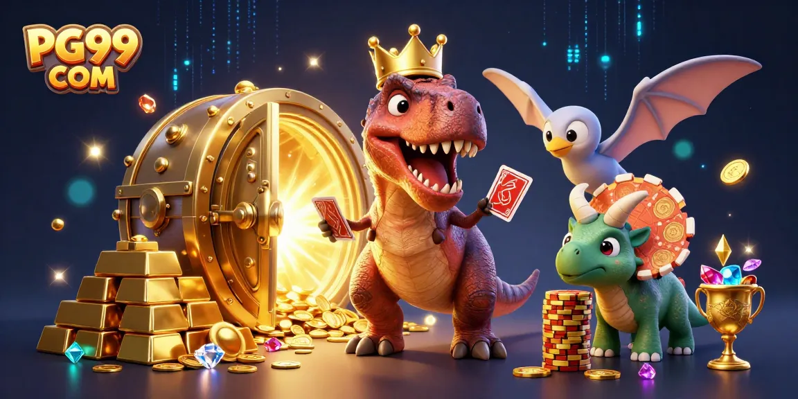 Enjoy thrilling gameplay at PG99 COM while a colorful T-Rex plays cards with friends.