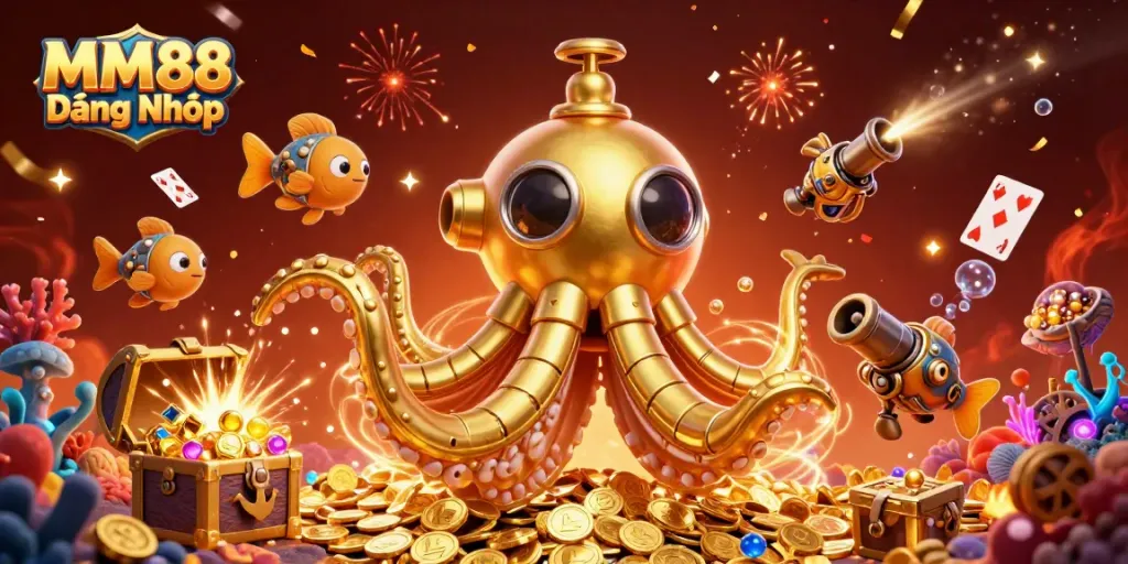 Engage in thrilling MM88 Đăng Nhập adventures with a vibrant 3D kraken submarine and treasure!