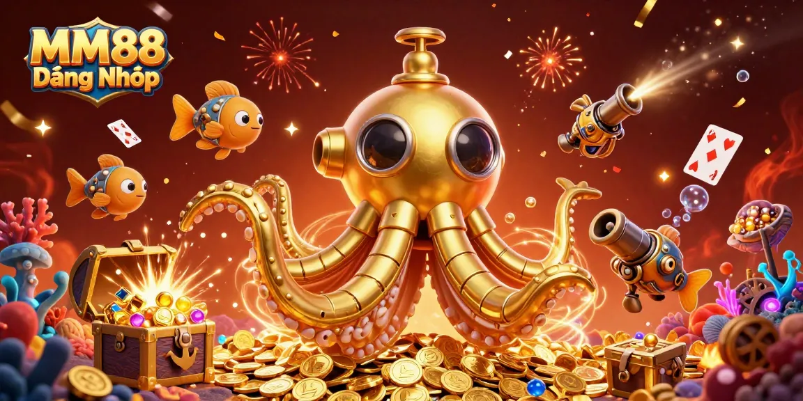 Engage in thrilling MM88 Đăng Nhập adventures with a vibrant 3D kraken submarine and treasure!