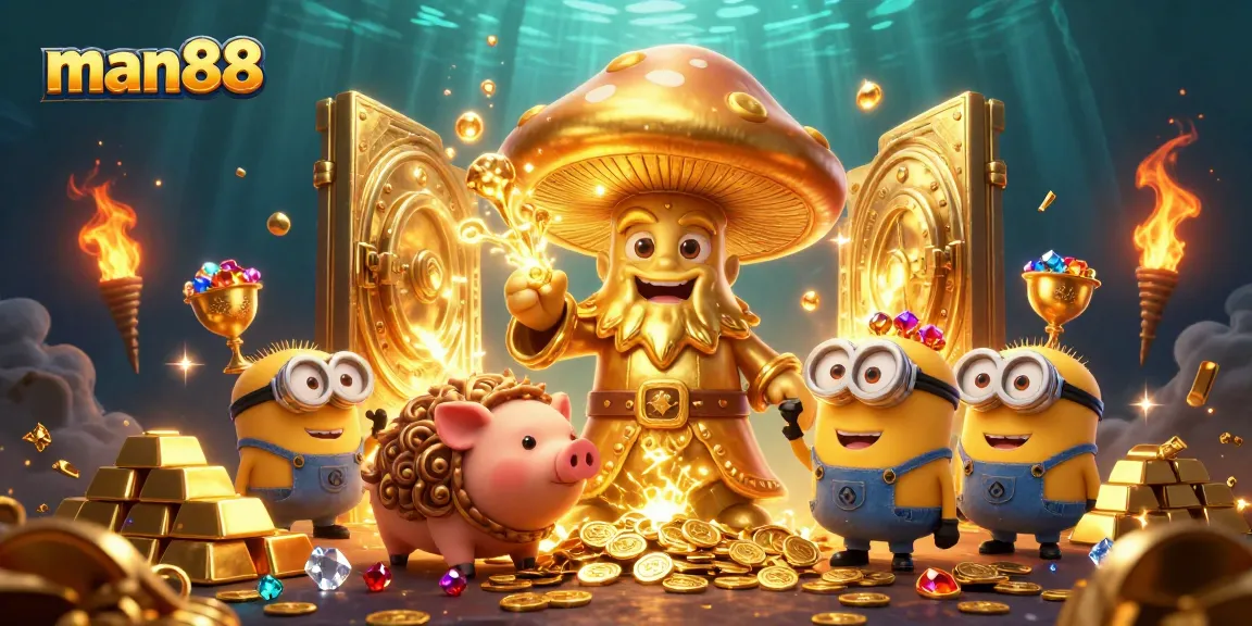 Experience magical wins with the man88 gold wizard and treasure in a vibrant casino scene.