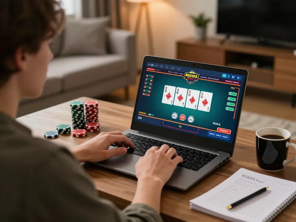 Engaging in strategic gameplay on king333's online poker platform, showcasing a player in a cozy home environment.