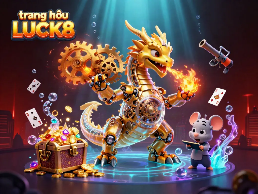 Experience the thrill of gaming at trang chủ LUCK8 with a creative illustration featuring a golden dragon and magical treasures.