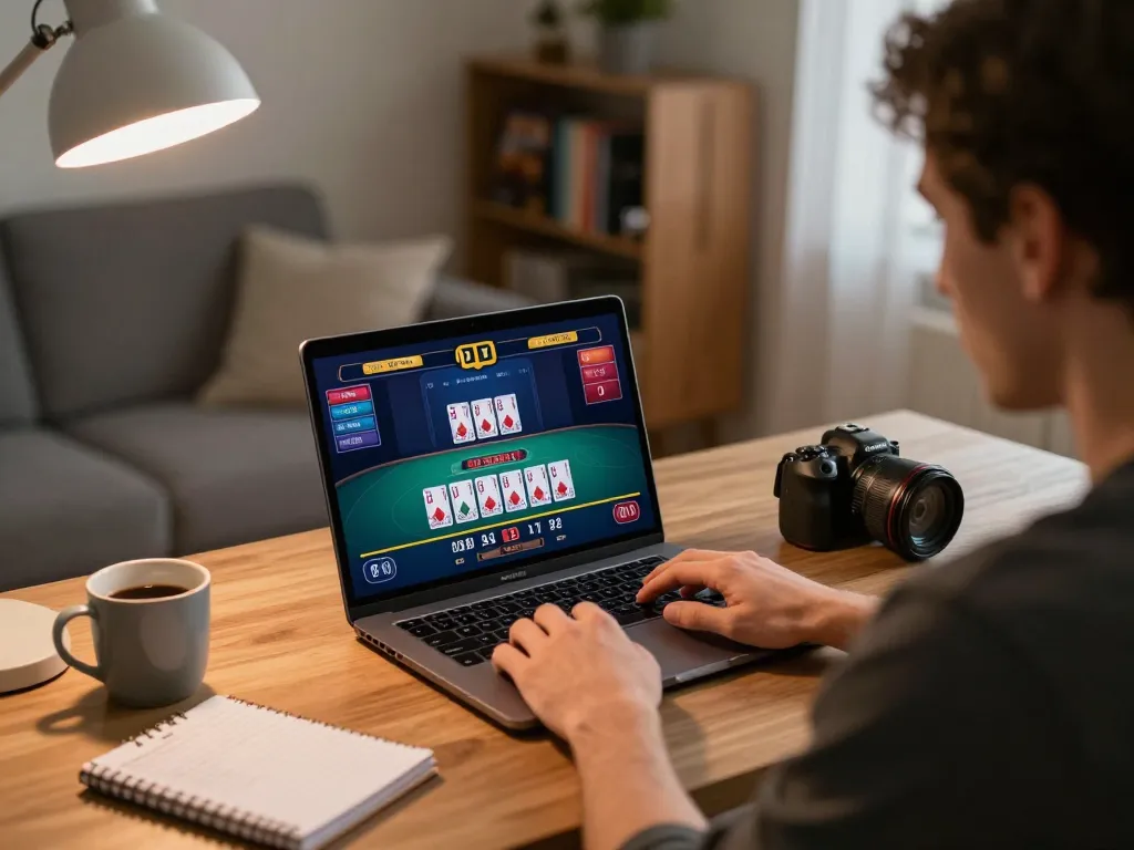 Player enjoying rokok 88 while engaging in blackjack on a sleek laptop, home gaming atmosphere