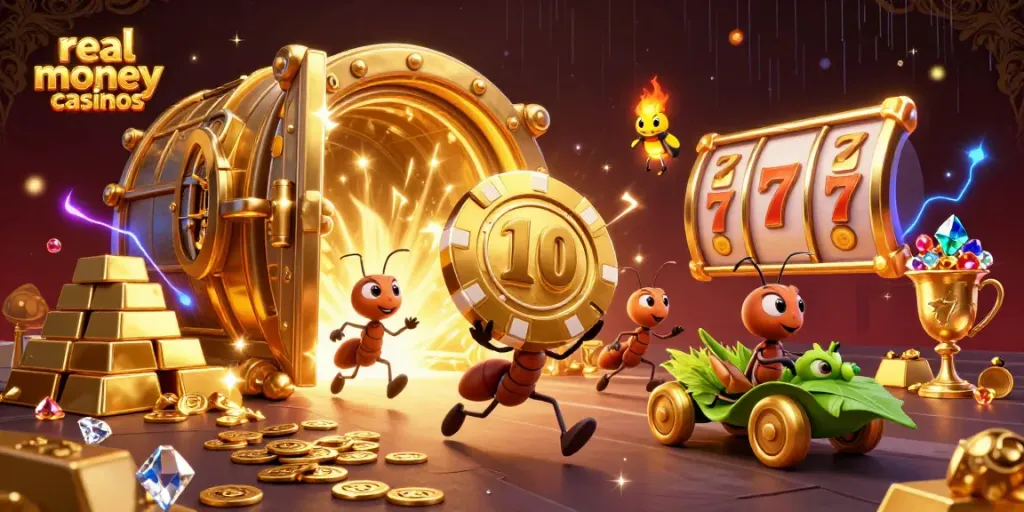Engaging scene of real money casinos featuring animated ants and vibrant gaming elements.