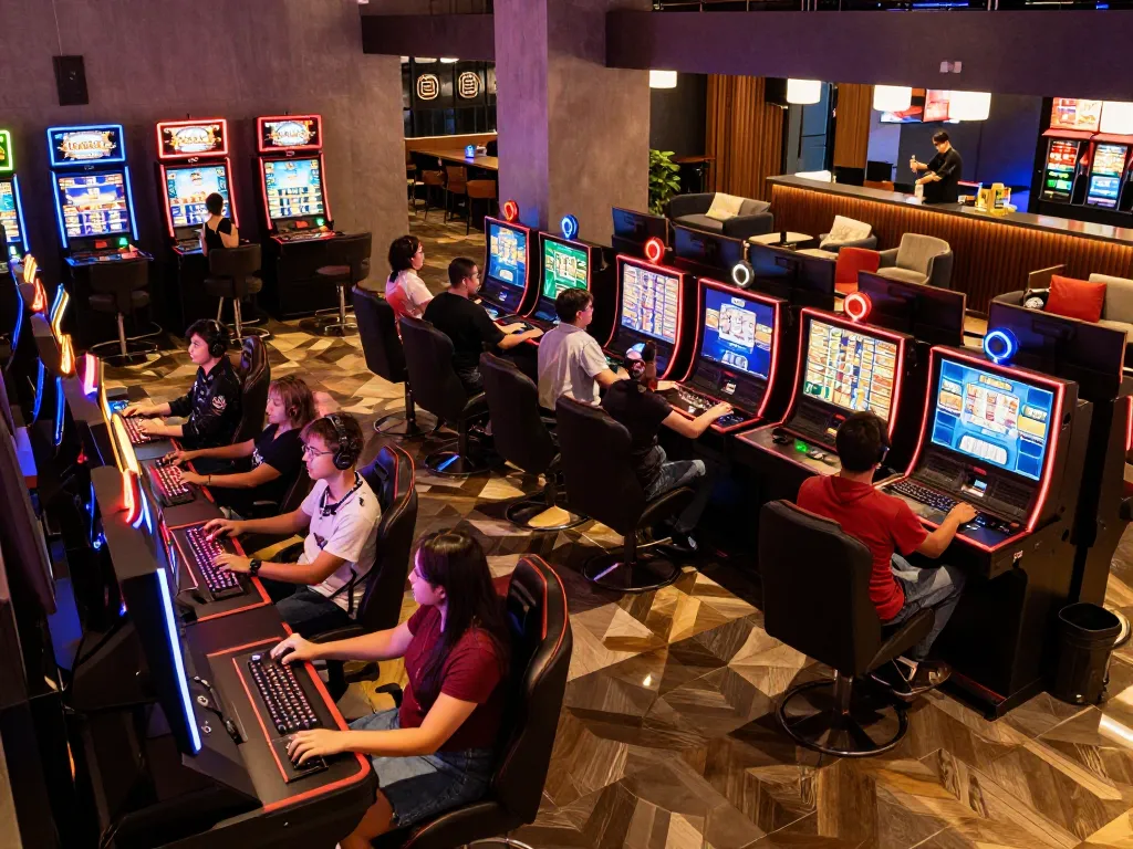 Players enjoying exciting games at JOGOLUCK's vibrant gaming lounge, showcasing casino action and engagement.