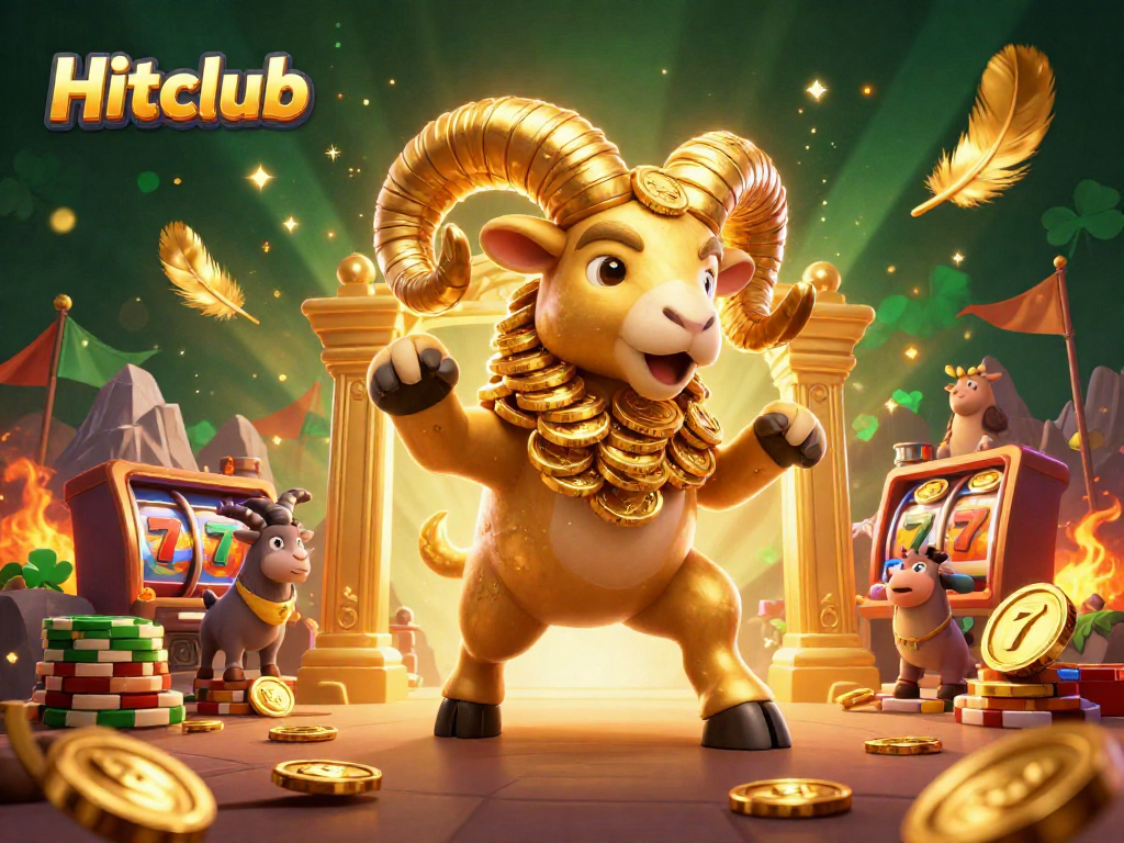 Hitclub features an energetic 3D casino scene with a golden ram and dynamic game elements.