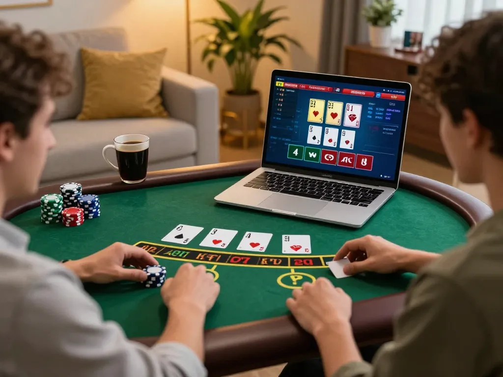 Player engaging in dynamic live blackjack gameplay on an online casino platform lc888 log, illustrated with a cozy home setting and inviting atmosphere.