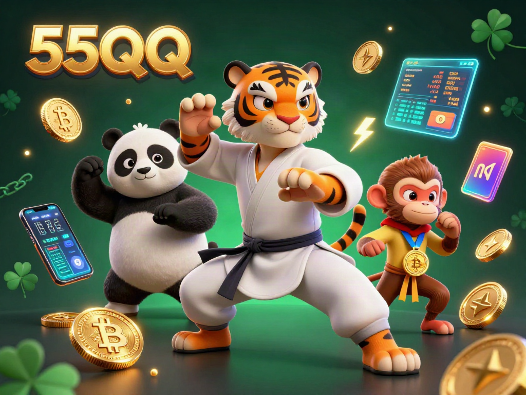 Experience the excitement of 55QQ with engaging 3D characters and cryptocurrency themes in this dynamic casino illustration.