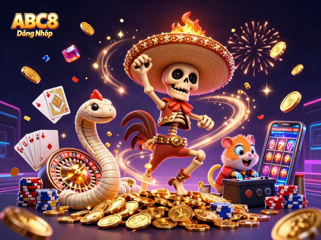 Play exciting games with ABC8 Đăng Nhập as a skeleton mariachi rooster dances on coins.