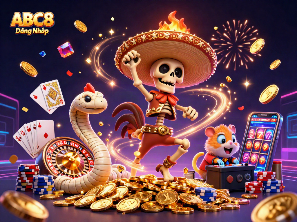 Play exciting games with ABC8 Đăng Nhập as a skeleton mariachi rooster dances on coins.