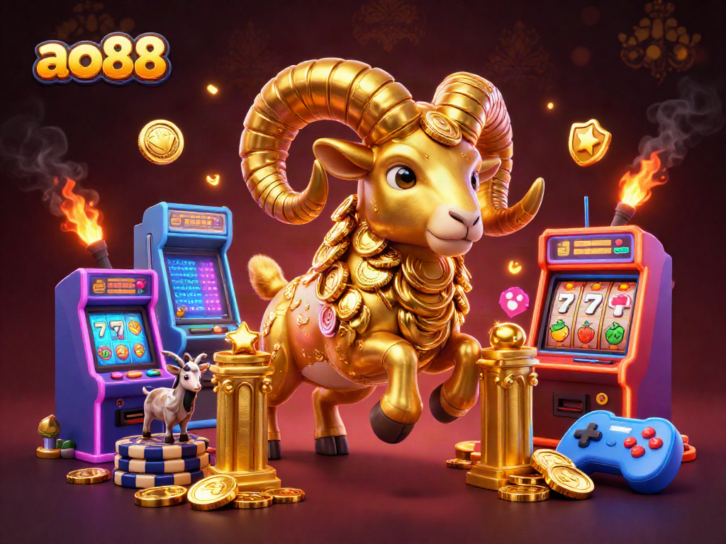 ao88 golden ram charging at a casino gate among game elements, rich 3D illustration