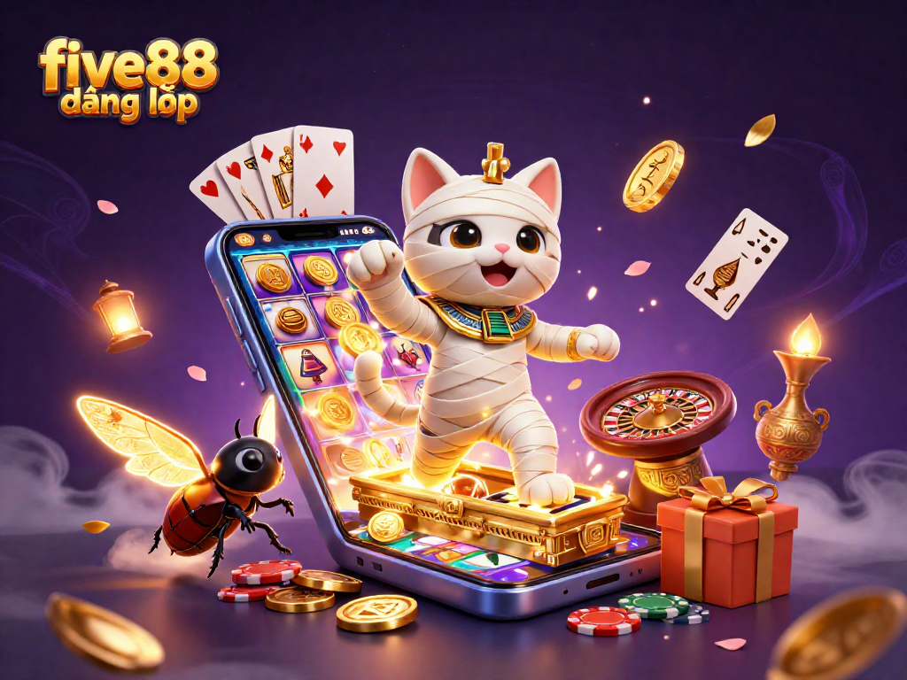 Experience five88 đăng nhập with an engaging scene of a 3D mummy cat and casino elements bursting with excitement.