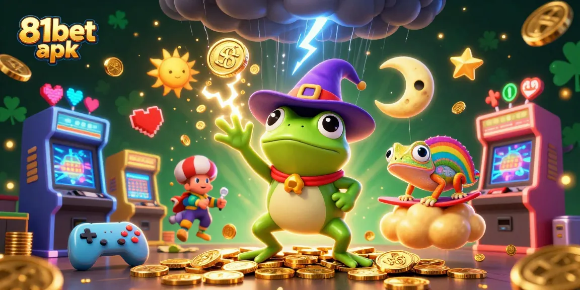 Play exciting games with 81bet apk featuring a vibrant casino scene and golden coins raining.