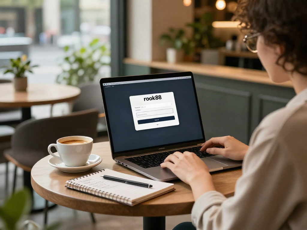 Person using rokok88 login on a laptop in a cozy café setting.